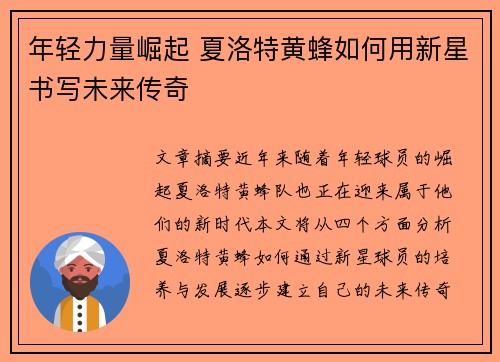 年轻力量崛起 夏洛特黄蜂如何用新星书写未来传奇