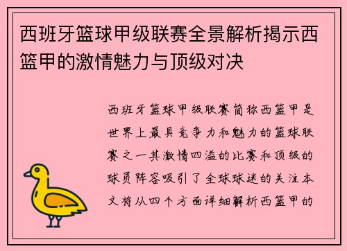 西班牙篮球甲级联赛全景解析揭示西篮甲的激情魅力与顶级对决