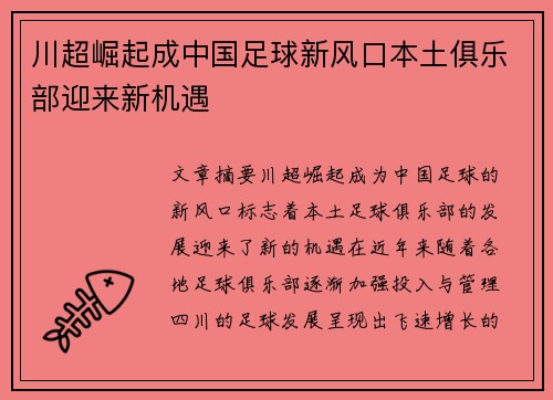 川超崛起成中国足球新风口本土俱乐部迎来新机遇