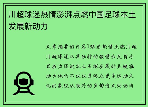 川超球迷热情澎湃点燃中国足球本土发展新动力