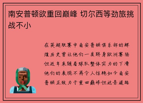 南安普顿欲重回巅峰 切尔西等劲旅挑战不小
