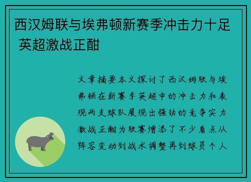 西汉姆联与埃弗顿新赛季冲击力十足 英超激战正酣
