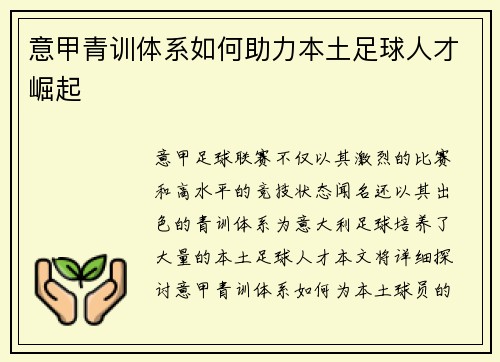 意甲青训体系如何助力本土足球人才崛起