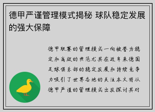 德甲严谨管理模式揭秘 球队稳定发展的强大保障